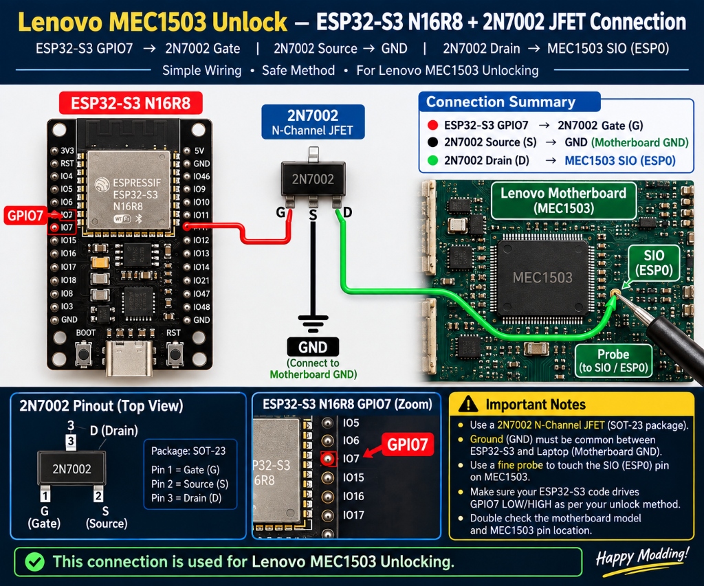 ESP32-S3 N16R8 + 2N7002 JFET Connection Diagram for Lenovo MEC1503 Unlocking